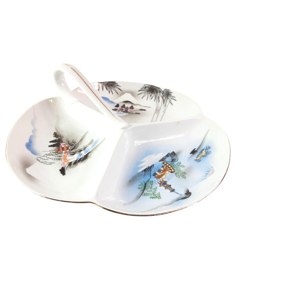 Kutani China Handled Serving Dish 3 Divided White Dish Scenic Mountains 19.5"Vtg - Picture 2 of 8